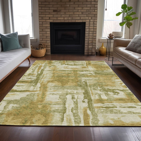 HomeRoots 9' Abstract Artichoke Green & Gold Washable Area Rug - Indoor/Outdoor, Stain-Resistant, Durable Design 629135