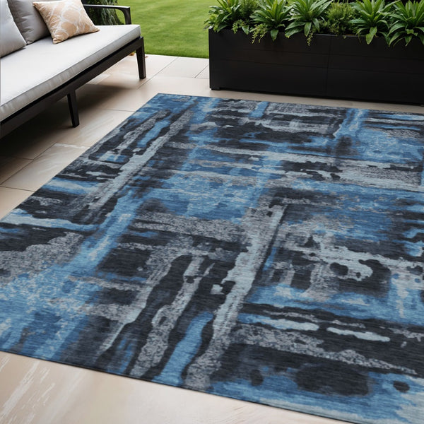 HomeRoots 5' X 8' Modern Black and Blue Abstract Washable Area Rug for Indoor/Outdoor Durability & Style 629138
