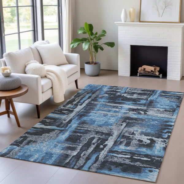 HomeRoots 5' X 8' Modern Black and Blue Abstract Washable Area Rug for Indoor/Outdoor Durability & Style 629138