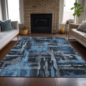 HomeRoots 5' X 8' Modern Black and Blue Abstract Washable Area Rug for Indoor/Outdoor Durability & Style 629138