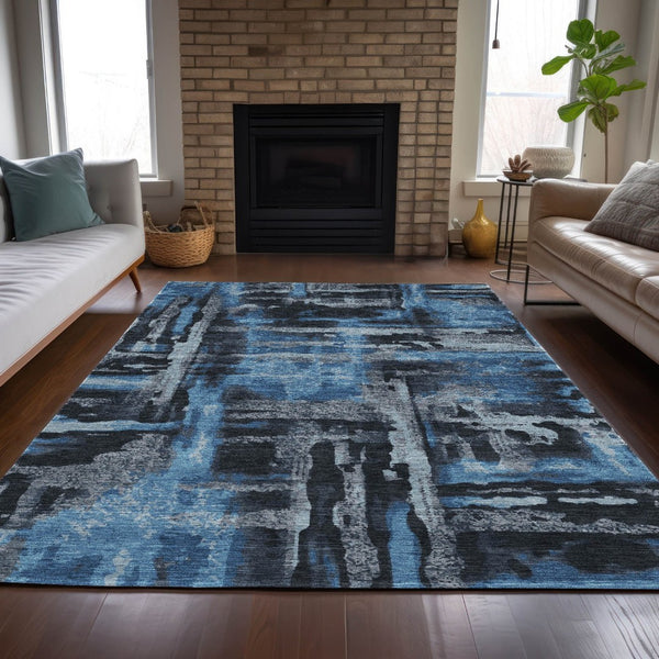 HomeRoots 5' X 8' Modern Black and Blue Abstract Washable Area Rug for Indoor/Outdoor Durability & Style 629138