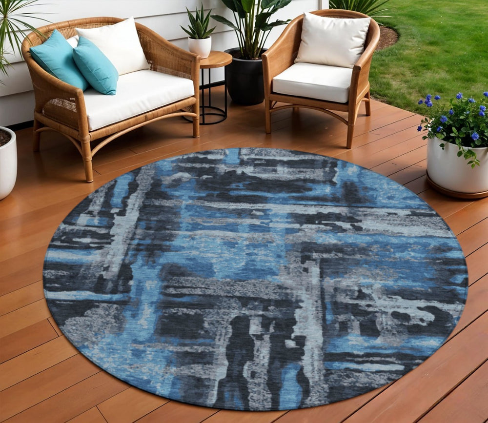 HomeRoots 8' Black And Blue Round Abstract Area Rug – Stylish, Washable, Indoor/Outdoor, Pet-Friendly Design 629139