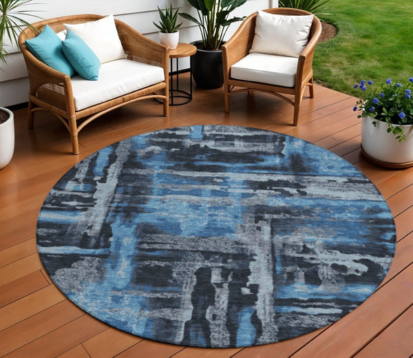 HomeRoots 8' Black And Blue Round Abstract Area Rug – Stylish, Washable, Indoor/Outdoor, Pet-Friendly Design 629139