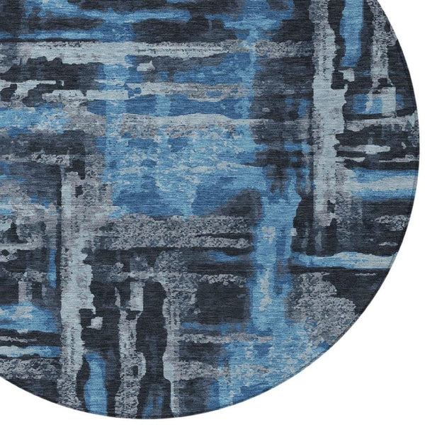 HomeRoots 8' Black And Blue Round Abstract Area Rug – Stylish, Washable, Indoor/Outdoor, Pet-Friendly Design 629139