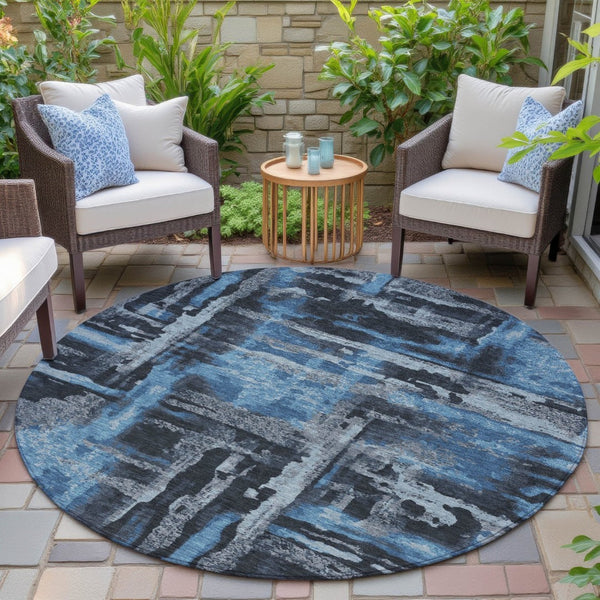 HomeRoots 8' Black And Blue Round Abstract Area Rug – Stylish, Washable, Indoor/Outdoor, Pet-Friendly Design 629139