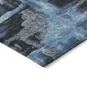 HomeRoots 8' Black And Blue Round Abstract Area Rug – Stylish, Washable, Indoor/Outdoor, Pet-Friendly Design 629139