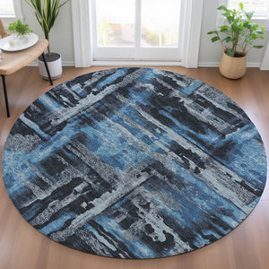 HomeRoots 8' Black And Blue Round Abstract Area Rug – Stylish, Washable, Indoor/Outdoor, Pet-Friendly Design 629139