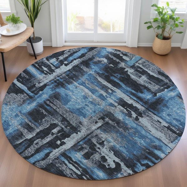 HomeRoots 8' Black And Blue Round Abstract Area Rug – Stylish, Washable, Indoor/Outdoor, Pet-Friendly Design 629139