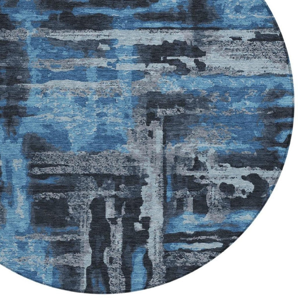 HomeRoots 8' Black And Blue Round Abstract Area Rug – Stylish, Washable, Indoor/Outdoor, Pet-Friendly Design 629139