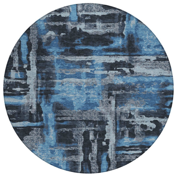 HomeRoots 8' Black And Blue Round Abstract Area Rug – Stylish, Washable, Indoor/Outdoor, Pet-Friendly Design 629139