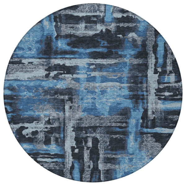 HomeRoots 8' Black And Blue Round Abstract Area Rug – Stylish, Washable, Indoor/Outdoor, Pet-Friendly Design 629139