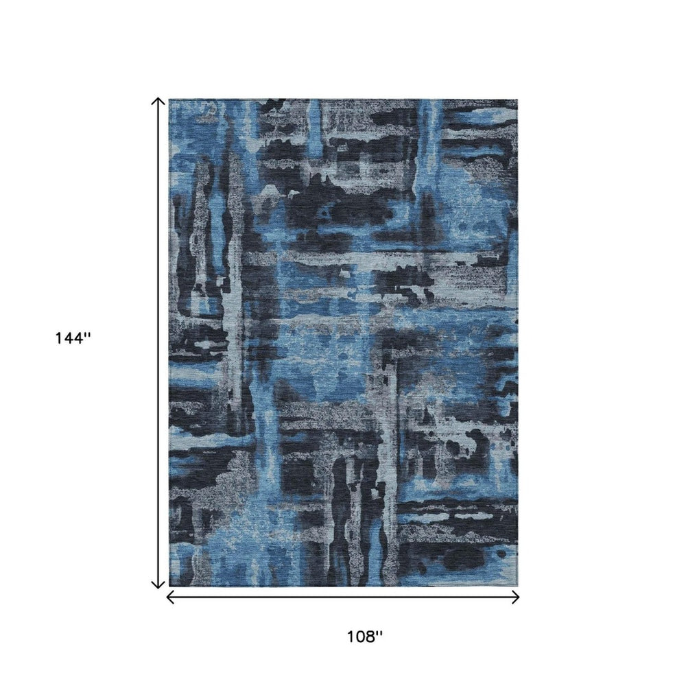HomeRoots 9' X 12' Stylish Black and Blue Abstract Washable Area Rug for Indoor and Outdoor High-Traffic Spaces 629141