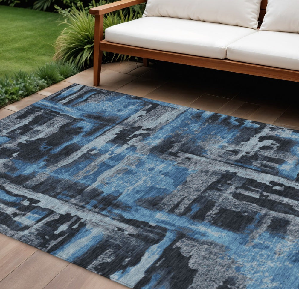HomeRoots 10' X 14' Black and Blue Abstract Area Rug – Stylish, Durable, Washable for Indoor & Outdoor Use! 629142