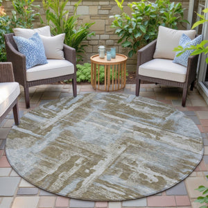 HomeRoots 8' Round Abstract Area Rug in Brown and Sky Blue - Stylish, Washable, Stain-Resistant for Indoors/Outdoors 629145
