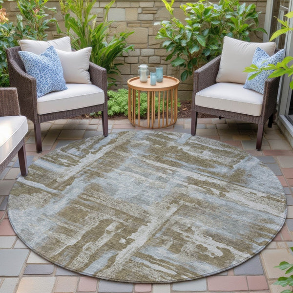 HomeRoots 8' Round Abstract Area Rug in Brown and Sky Blue - Stylish, Washable, Stain-Resistant for Indoors/Outdoors 629145