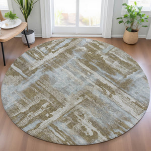 HomeRoots 8' Round Abstract Area Rug in Brown and Sky Blue - Stylish, Washable, Stain-Resistant for Indoors/Outdoors 629145