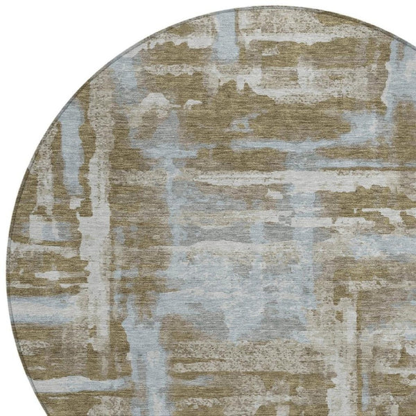 HomeRoots 8' Round Abstract Area Rug in Brown and Sky Blue - Stylish, Washable, Stain-Resistant for Indoors/Outdoors 629145