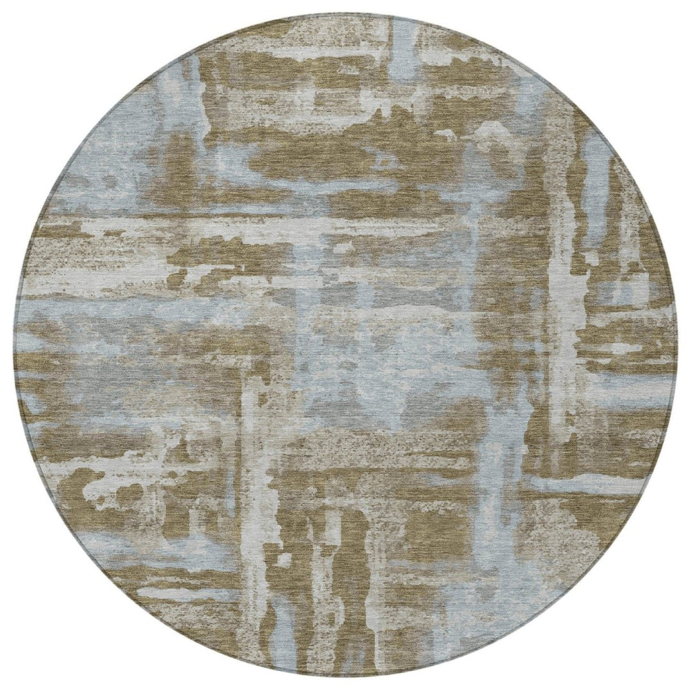 HomeRoots 8' Round Abstract Area Rug in Brown and Sky Blue - Stylish, Washable, Stain-Resistant for Indoors/Outdoors 629145