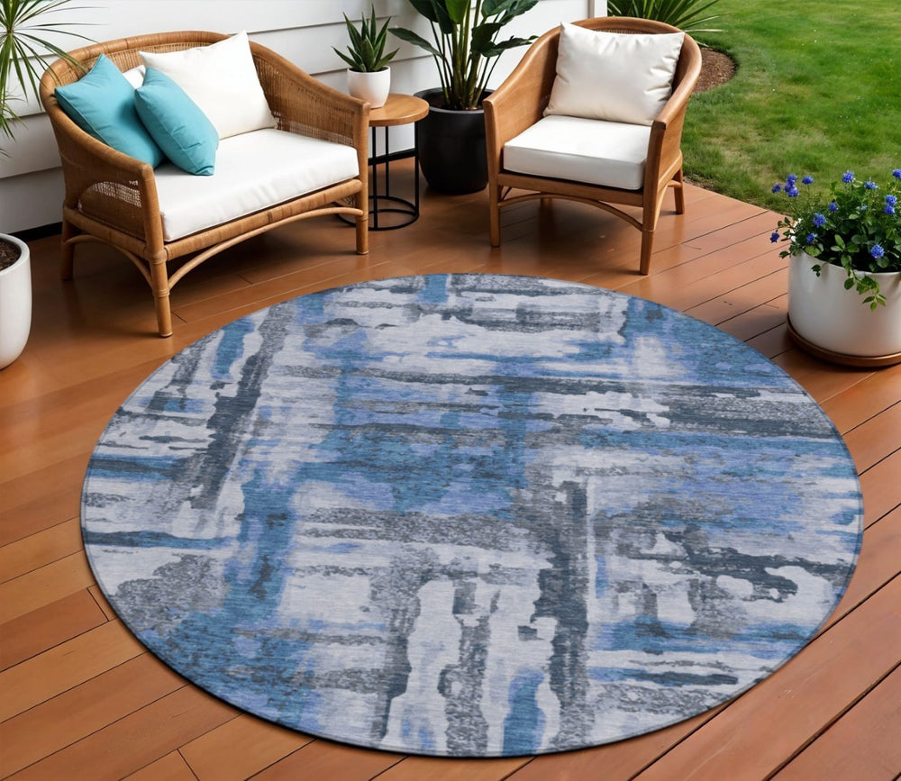 HomeRoots 8' Blue And Gray Round Abstract Rug - Durable, Washable, Stylish for Indoor/Outdoor Spaces 629151