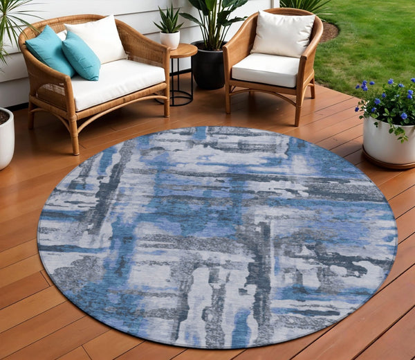 HomeRoots 8' Blue And Gray Round Abstract Rug - Durable, Washable, Stylish for Indoor/Outdoor Spaces 629151