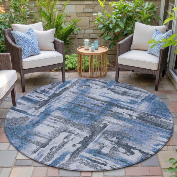 HomeRoots 8' Blue And Gray Round Abstract Rug - Durable, Washable, Stylish for Indoor/Outdoor Spaces 629151