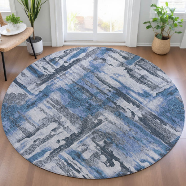 HomeRoots 8' Blue And Gray Round Abstract Rug - Durable, Washable, Stylish for Indoor/Outdoor Spaces 629151