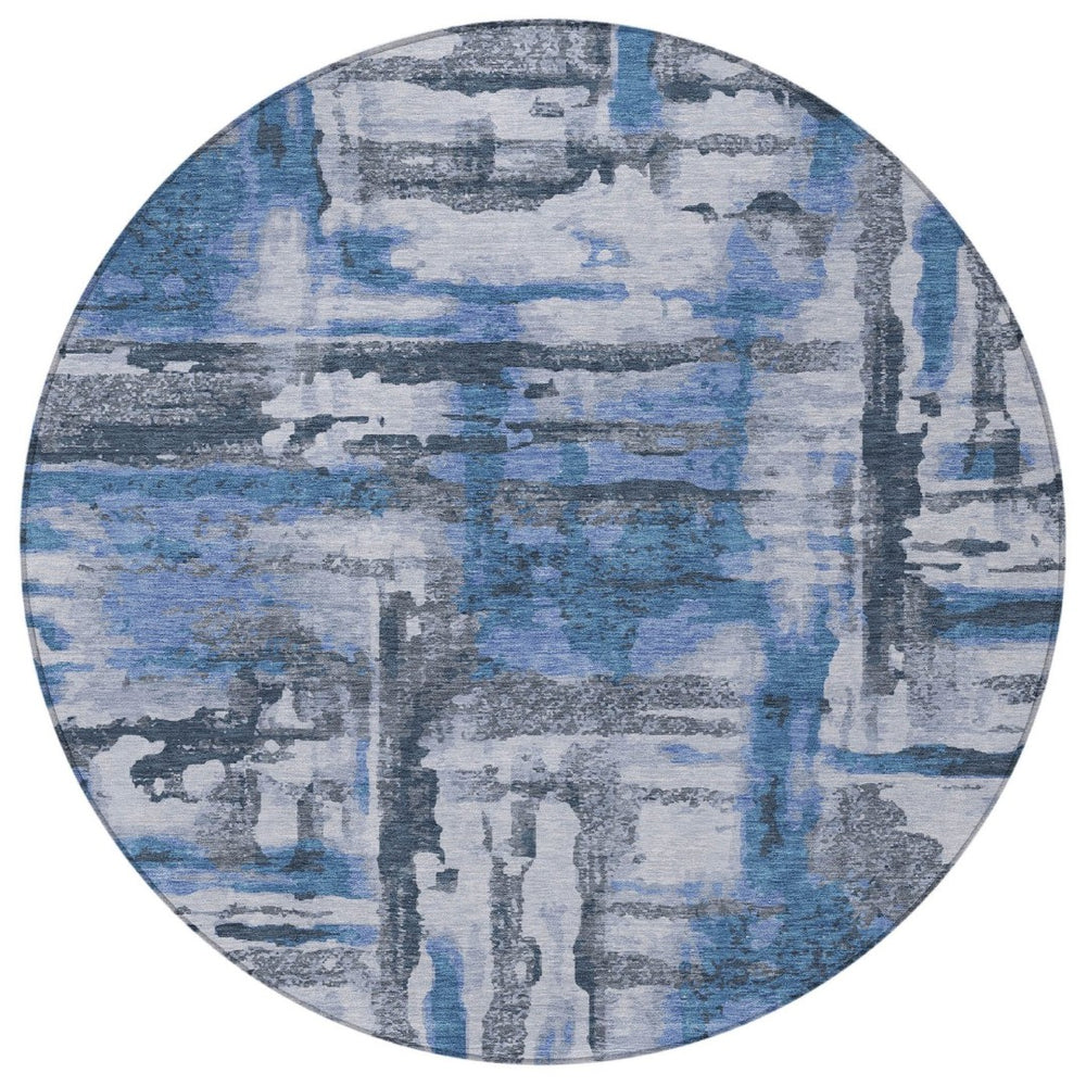 HomeRoots 8' Blue And Gray Round Abstract Rug - Durable, Washable, Stylish for Indoor/Outdoor Spaces 629151