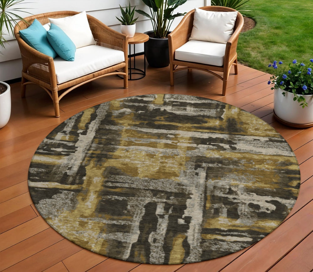 HomeRoots 8' Round Abstract Indoor Outdoor Area Rug in Coffee & Taupe - Durable, Washable, Modern Design! 629157