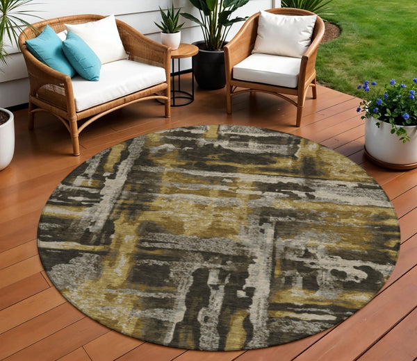 HomeRoots 8' Round Abstract Indoor Outdoor Area Rug in Coffee & Taupe - Durable, Washable, Modern Design! 629157