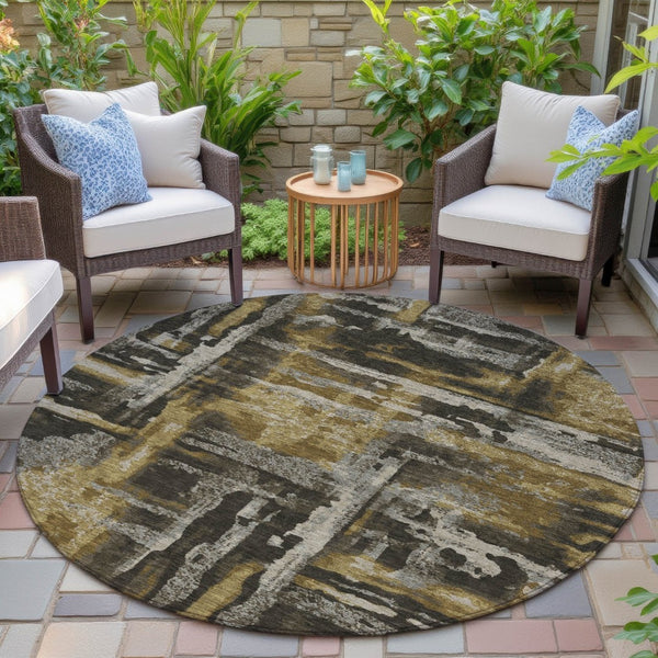HomeRoots 8' Round Abstract Indoor Outdoor Area Rug in Coffee & Taupe - Durable, Washable, Modern Design! 629157