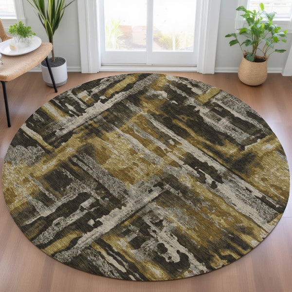 HomeRoots 8' Round Abstract Indoor Outdoor Area Rug in Coffee & Taupe - Durable, Washable, Modern Design! 629157