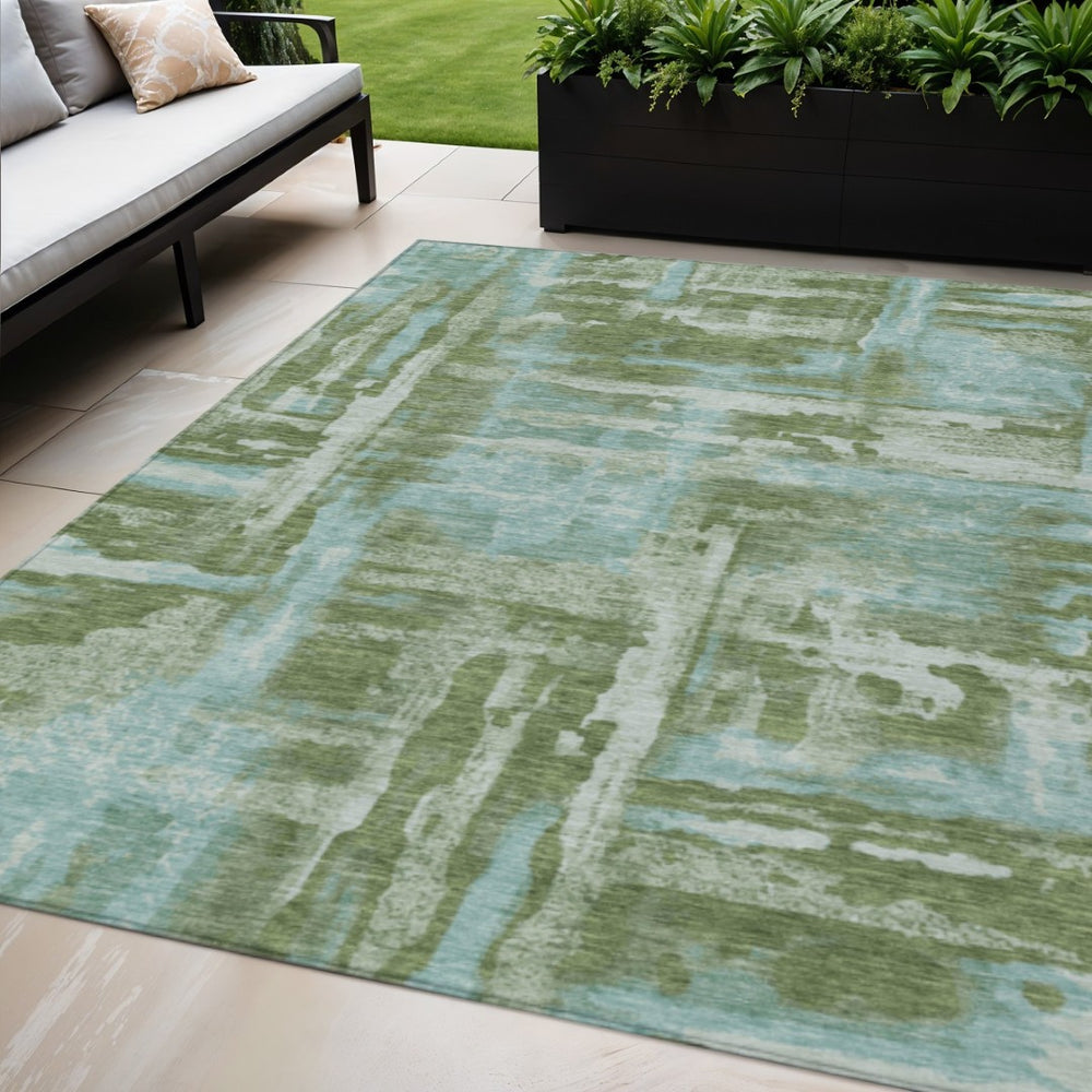 HomeRoots 5' X 8' Stylish Fern Green & Sky Blue Abstract Area Rug - Washable, Durable for Indoor/Outdoor Use! 629162