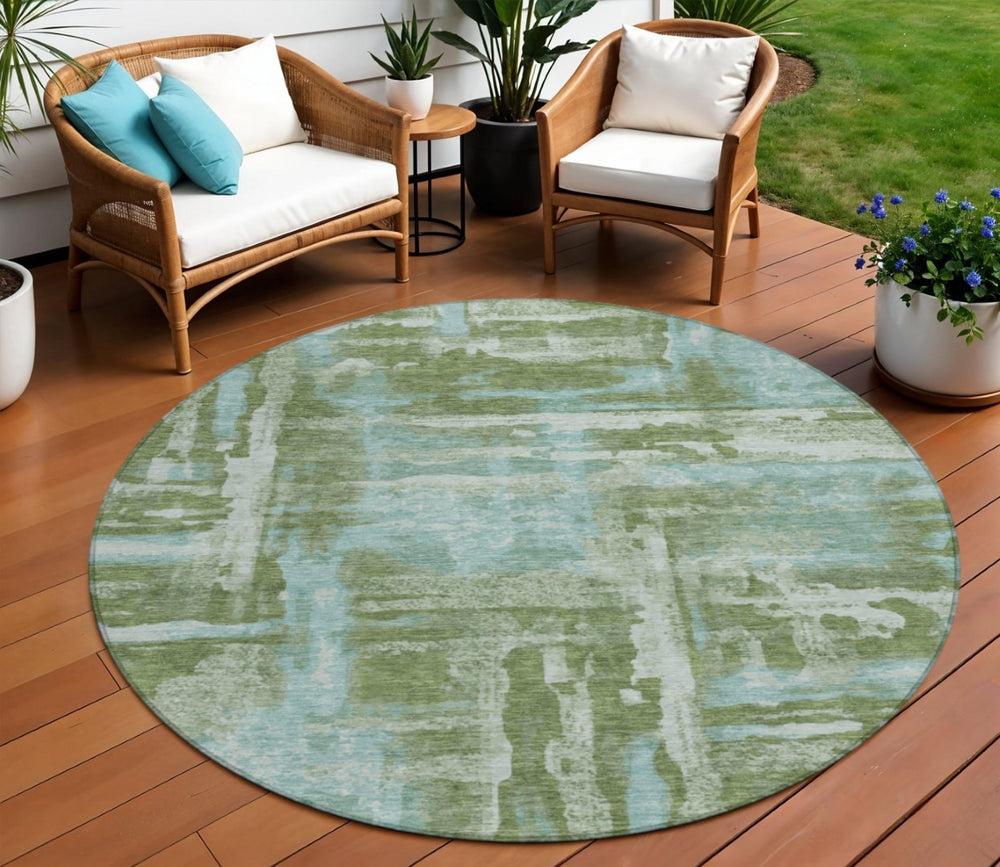 HomeRoots 8' Fern Green and Sky Blue Round Abstract Area Rug - Durable, Washable Design for Indoor/Outdoor Use 629163
