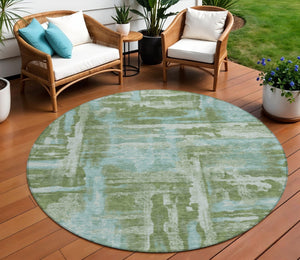 HomeRoots 8' Fern Green and Sky Blue Round Abstract Area Rug - Durable, Washable Design for Indoor/Outdoor Use 629163