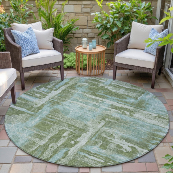 HomeRoots 8' Fern Green and Sky Blue Round Abstract Area Rug - Durable, Washable Design for Indoor/Outdoor Use 629163