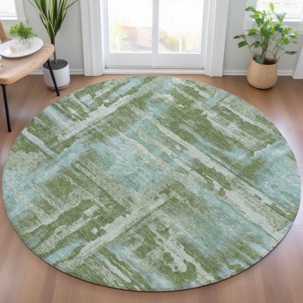HomeRoots 8' Fern Green and Sky Blue Round Abstract Area Rug - Durable, Washable Design for Indoor/Outdoor Use 629163