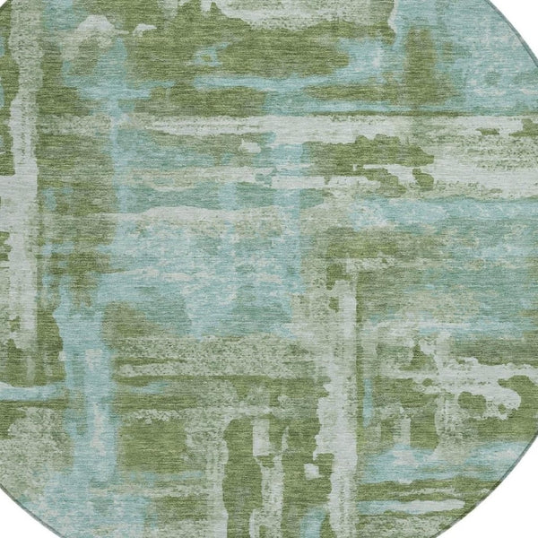 HomeRoots 8' Fern Green and Sky Blue Round Abstract Area Rug - Durable, Washable Design for Indoor/Outdoor Use 629163