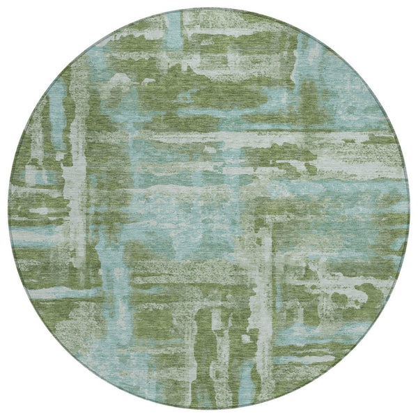 HomeRoots 8' Fern Green and Sky Blue Round Abstract Area Rug - Durable, Washable Design for Indoor/Outdoor Use 629163