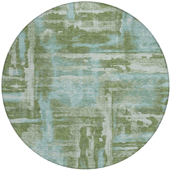 HomeRoots 8' Fern Green and Sky Blue Round Abstract Area Rug - Durable, Washable Design for Indoor/Outdoor Use 629163