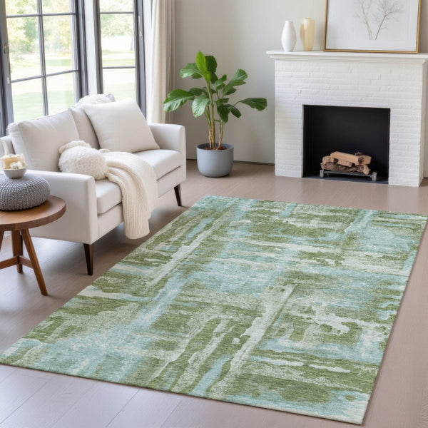 HomeRoots 9' X 12' Washable Fern Green & Sky Blue Abstract Area Rug for Indoor/Outdoor Use, Easy Care & Stylish 629165