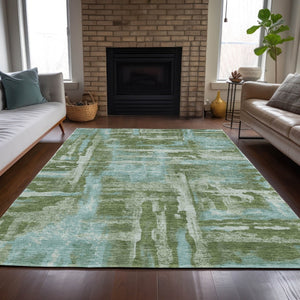 HomeRoots 9' X 12' Washable Fern Green & Sky Blue Abstract Area Rug for Indoor/Outdoor Use, Easy Care & Stylish 629165