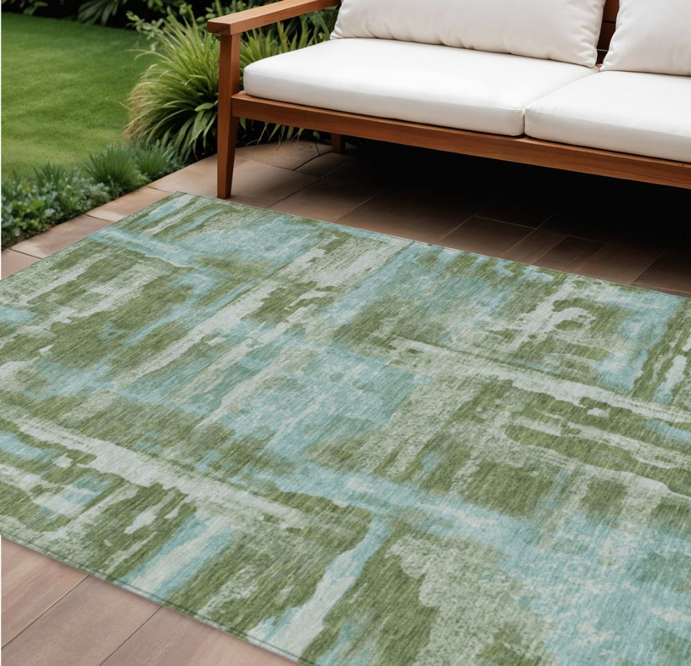 HomeRoots 10' X 14' Fern Green & Sky Blue Abstract Area Rug - Washable, Durable, Perfect for Indoor/Outdoor Use 629166