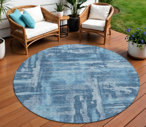 HomeRoots 8' Round Denim and Sky Blue Abstract Area Rug - Washable, Durable for Indoor/Outdoor Spaces 629169