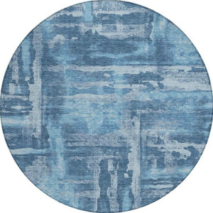 HomeRoots 8' Round Denim and Sky Blue Abstract Area Rug - Washable, Durable for Indoor/Outdoor Spaces 629169