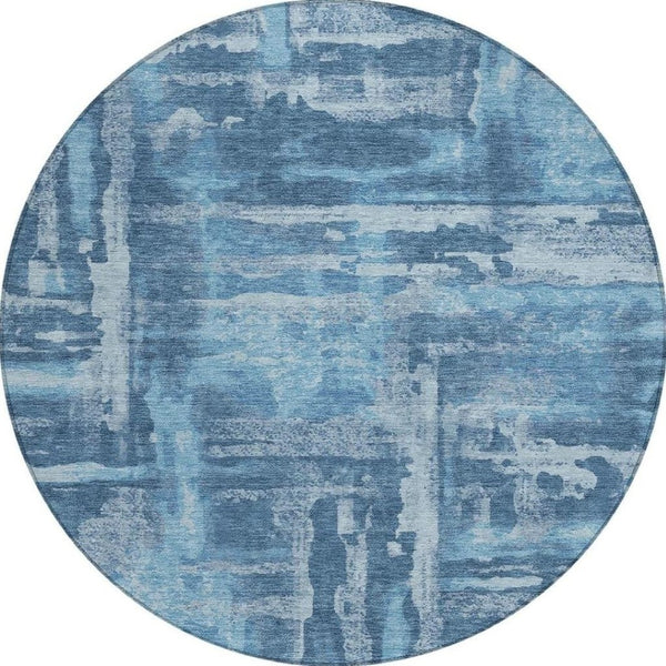 HomeRoots 8' Round Denim and Sky Blue Abstract Area Rug - Washable, Durable for Indoor/Outdoor Spaces 629169