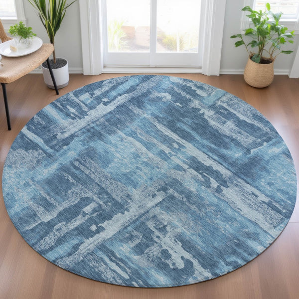 HomeRoots 8' Round Denim and Sky Blue Abstract Area Rug - Washable, Durable for Indoor/Outdoor Spaces 629169