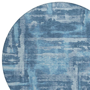 HomeRoots 8' Round Denim and Sky Blue Abstract Area Rug - Washable, Durable for Indoor/Outdoor Spaces 629169