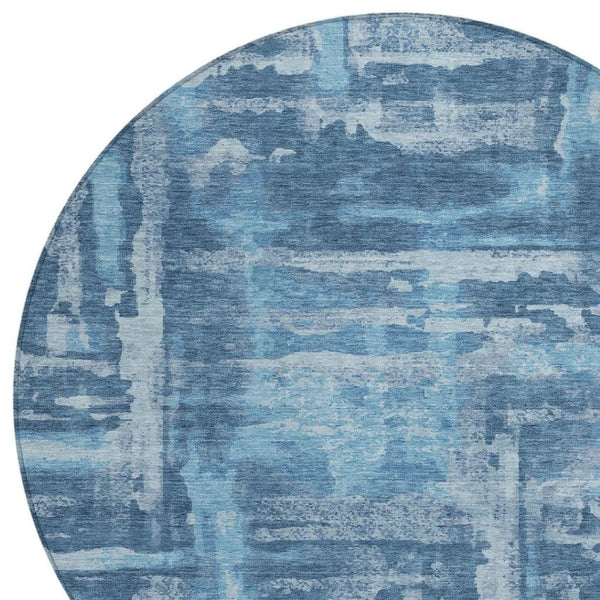 HomeRoots 8' Round Denim and Sky Blue Abstract Area Rug - Washable, Durable for Indoor/Outdoor Spaces 629169