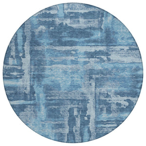 HomeRoots 8' Round Denim and Sky Blue Abstract Area Rug - Washable, Durable for Indoor/Outdoor Spaces 629169
