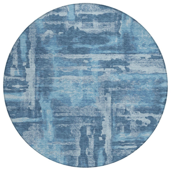HomeRoots 8' Round Denim and Sky Blue Abstract Area Rug - Washable, Durable for Indoor/Outdoor Spaces 629169